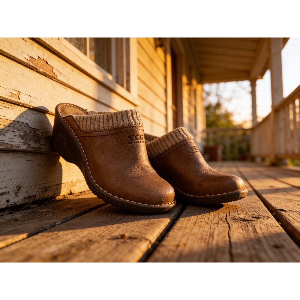 UGG Australia 1937 Brown‎ Leather Knit Collar Wedge Clogs Mules Womens 8 boho